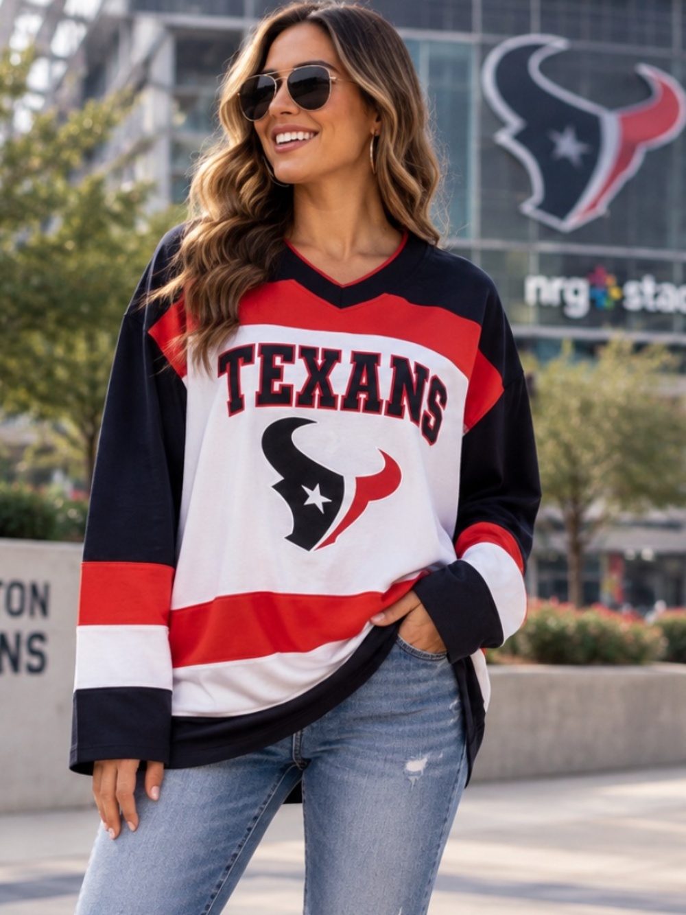 Houston Texans NFL Unisex XL NWT Colorblock V-Neck Long Sleeve Fan Top